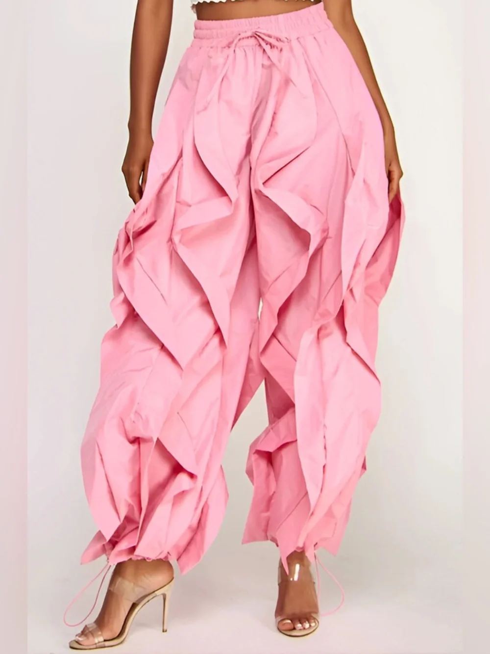 Yellow Ruffle Wide-Leg Wavy Drawstring Pants - Picture 13 of 16